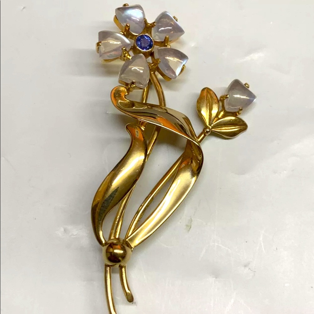 Vtg Tiffany & Co 14K Moonstone Sapphire Flower Pin